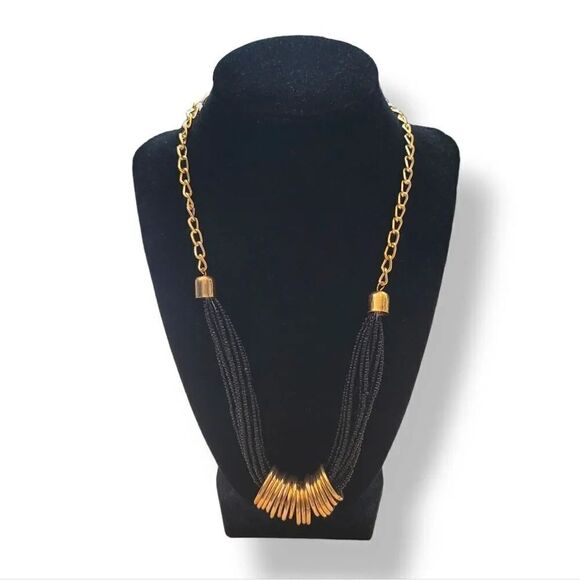 NEW Vintage MyStyle Multi Strand Black Beaded Necklace with Faux Golden Rings - Picture 1 of 5